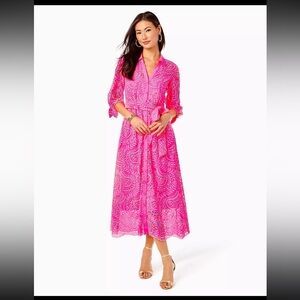 Lilly Pulitzer Amrita Midi Dress Swirly Fern Scallop Eyelet Pink Isle Size 2 NWT
